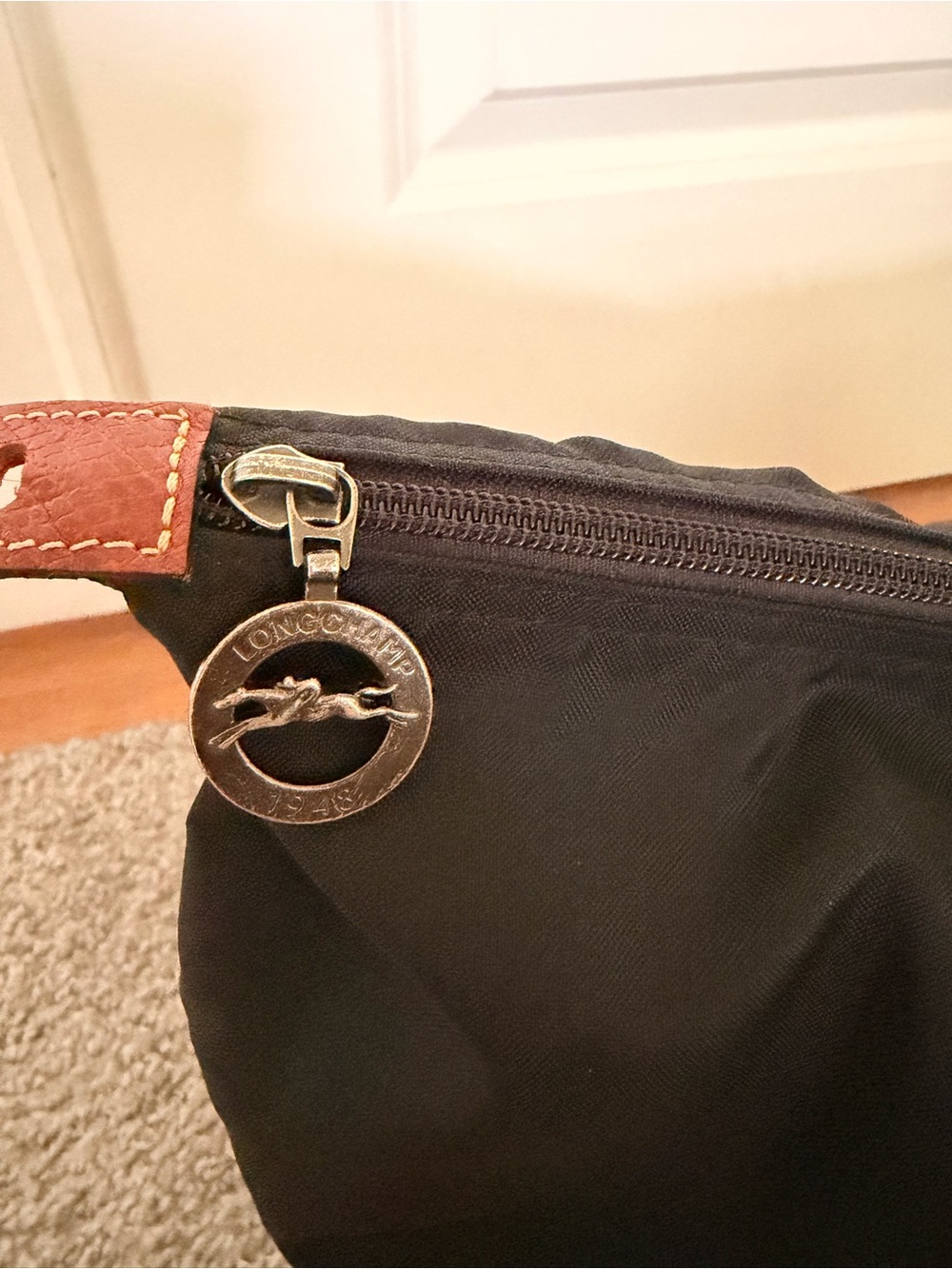Longchamp Black Nylon Tote with Brown Leather Trim travel bag - Picture 7 of 8